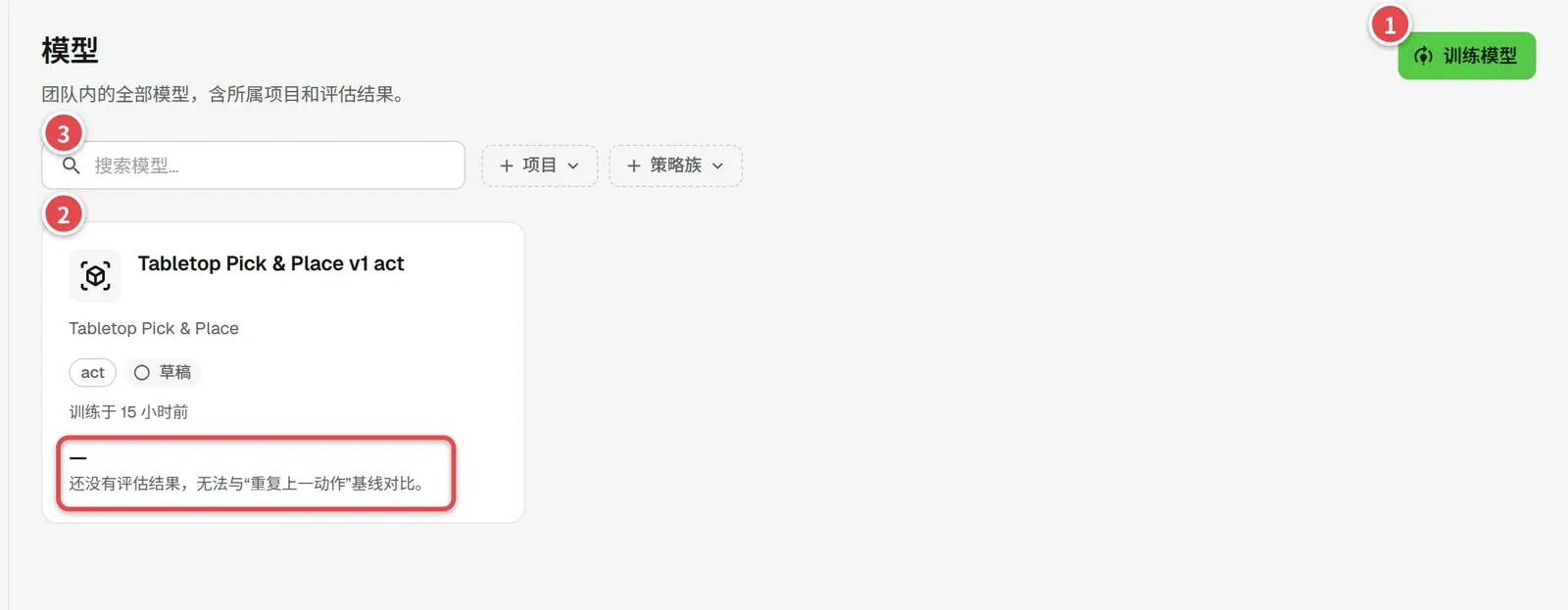 模型页，编号标出「训练模型」、模型卡片和搜索与筛选，方框标出卡片的评估结果行