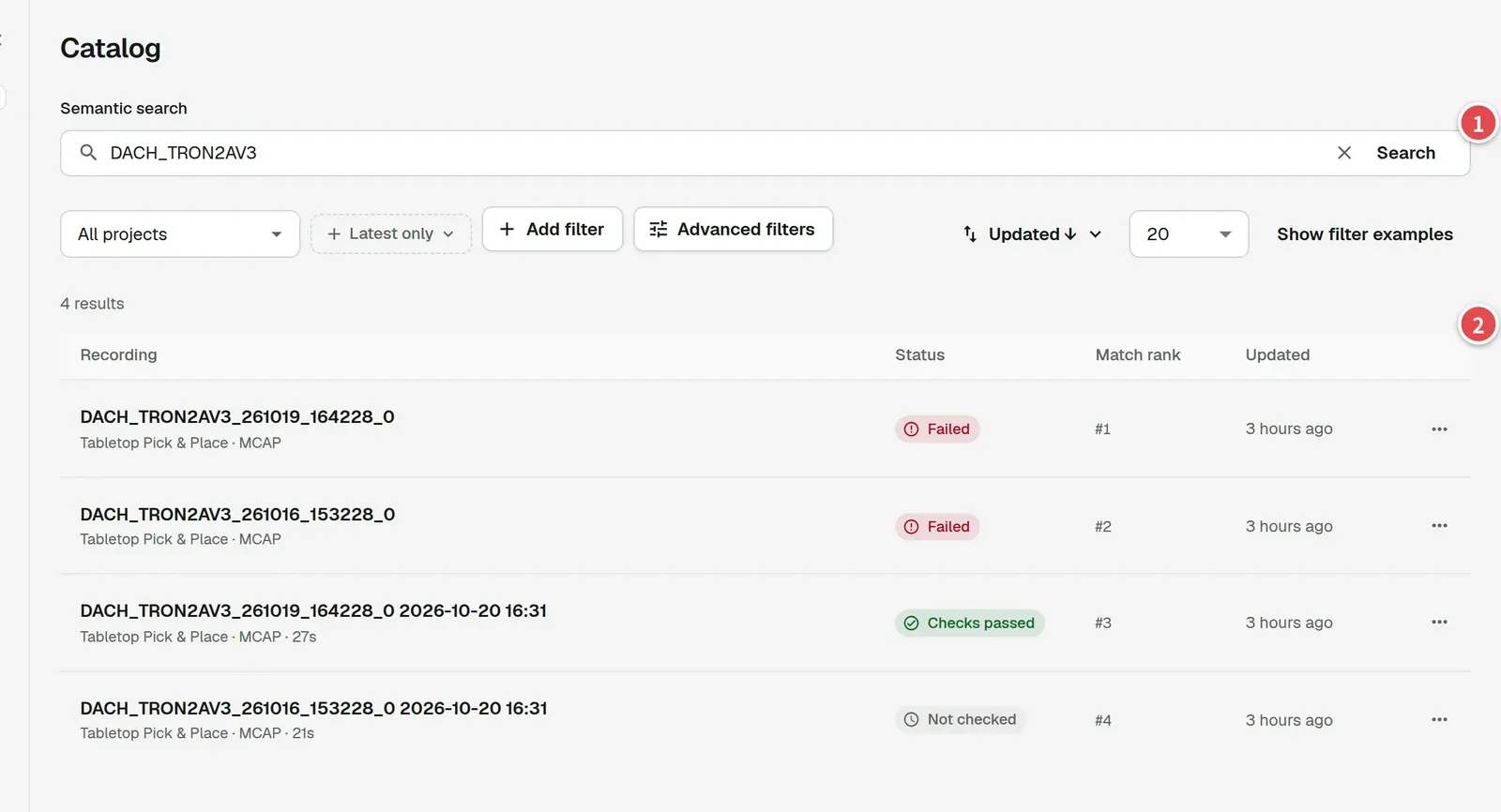 Catalog page with numbered areas: the search box and the results list