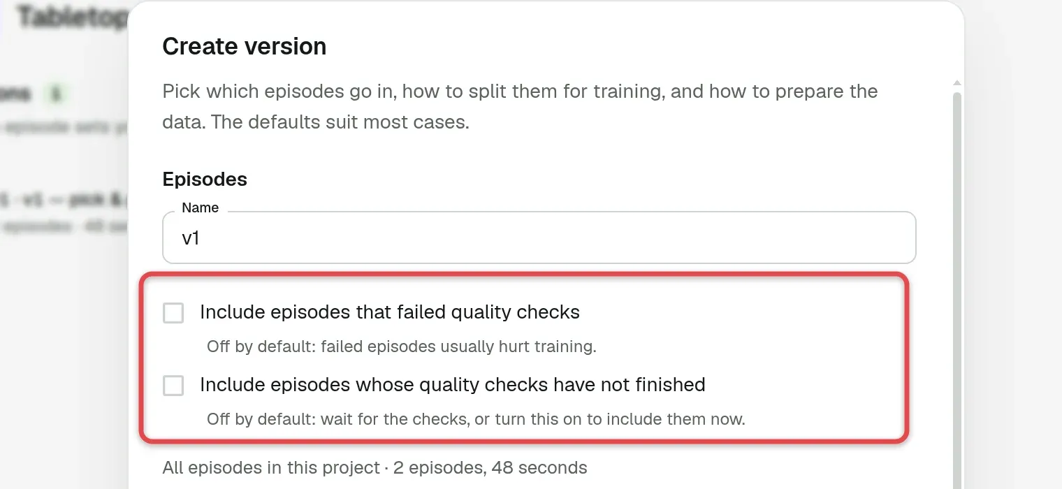 Create version dialog with the Name field and the two episode options boxed