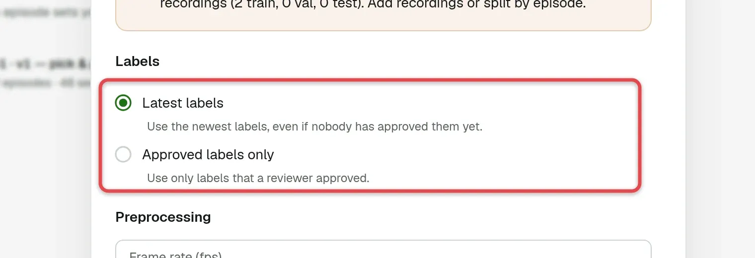 Labels section with the options Latest labels and Approved labels only