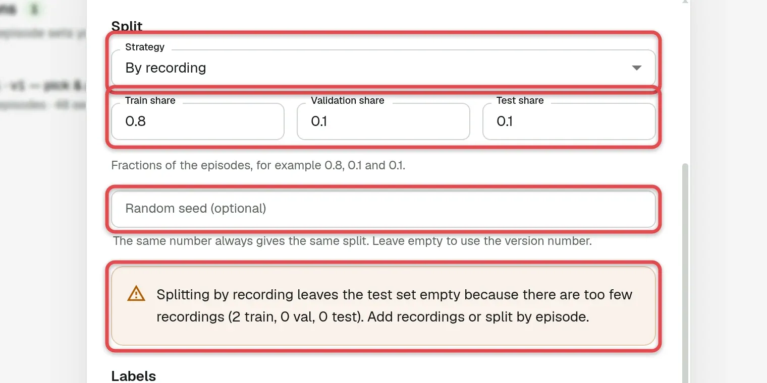 Split section with Strategy, the three shares and the seed boxed, and the warning about an empty test set