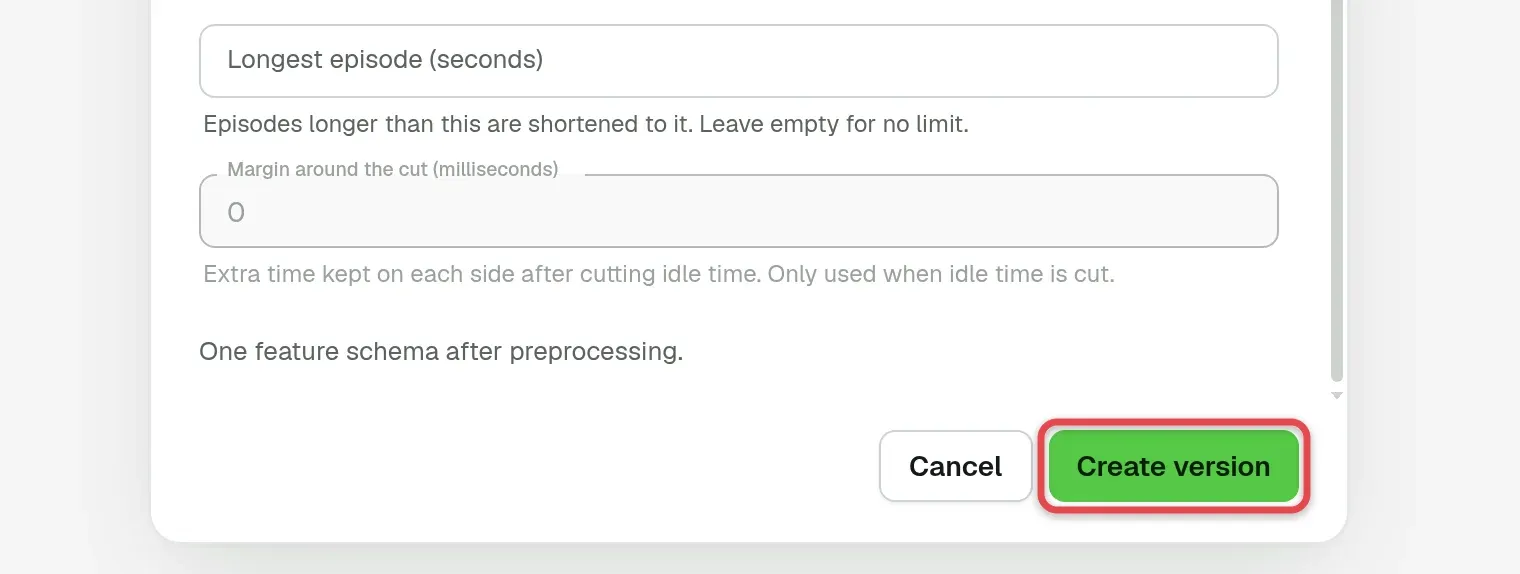 Create version dialog with a box on the Create version button