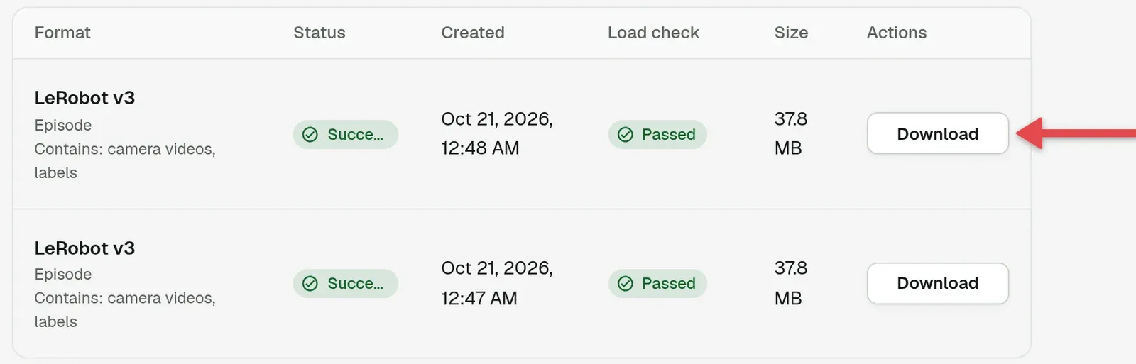 Exports section with an arrow on Download