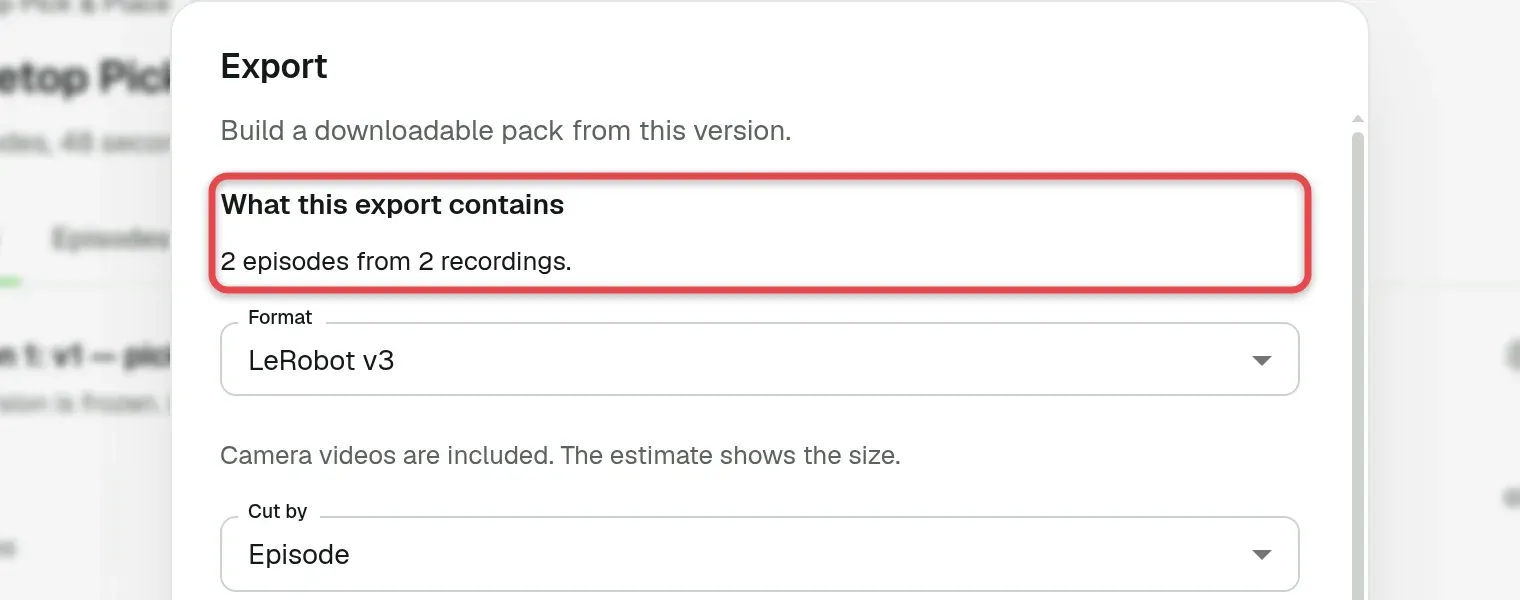 Export dialog with the contents preview boxed