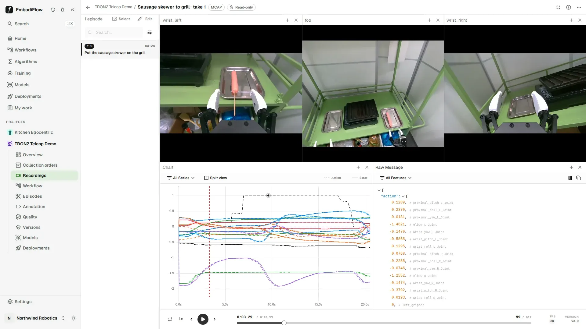 LeRobot Studio with the episode list, three camera panels, the Chart with dashed action and solid state lines, and the Raw Message panel listing joint values