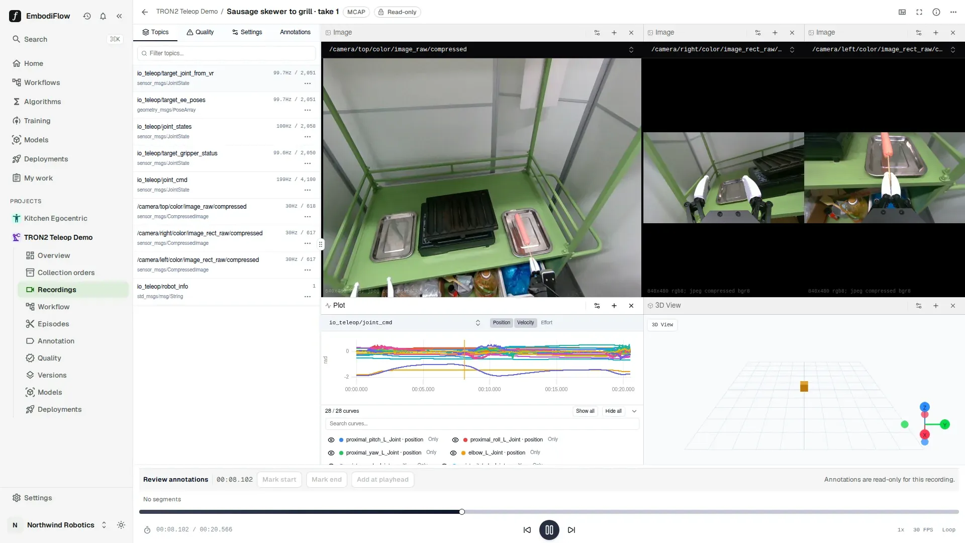 RosView with the Topics list showing rate and count per topic, three Image panels with ROS topic names, the Plot of io_teleop/joint_cmd and the annotation bar at the bottom