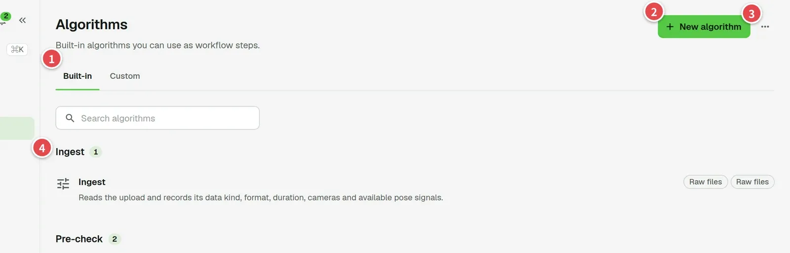 Algorithms page with numbered areas: Built-in and Custom tabs (1), New algorithm (2), more actions (3), algorithm list (4)
