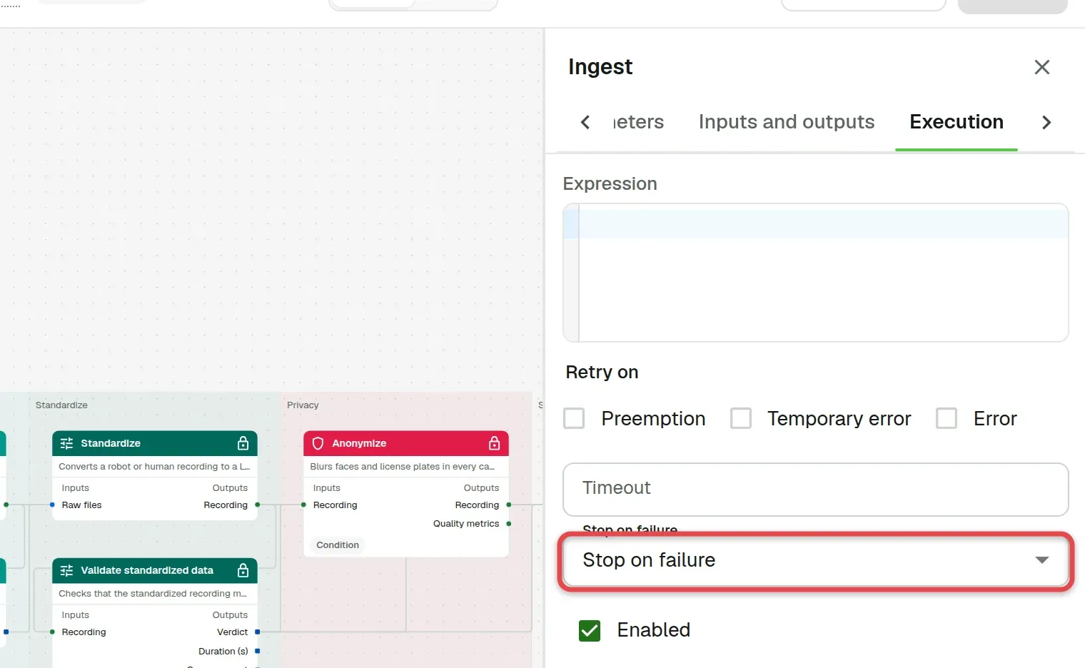 Execution tab of a step with the Stop on failure list boxed