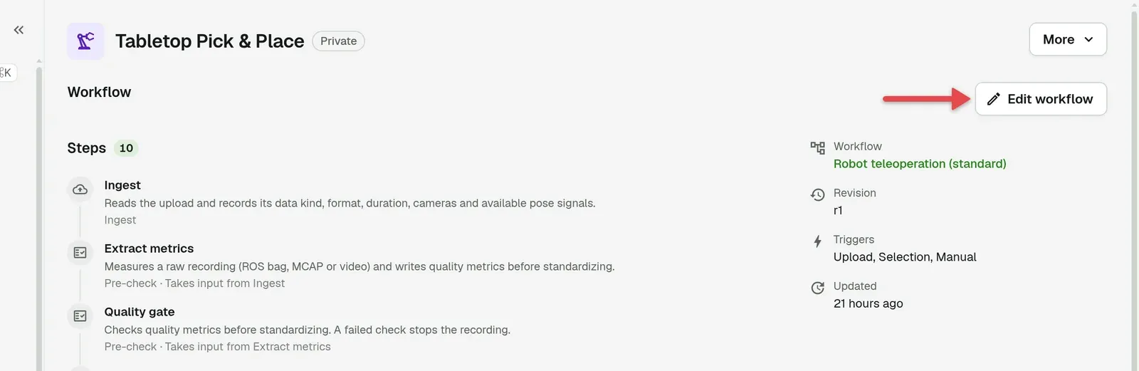 Project Workflow page with an arrow on Edit workflow