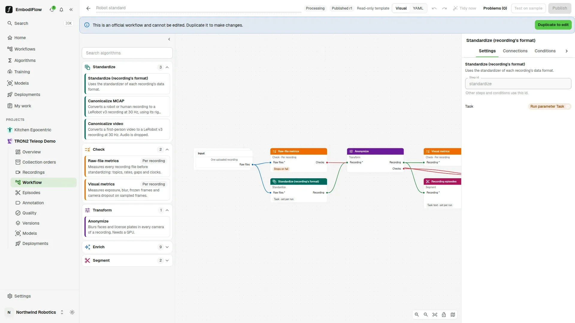 Workflow editor with the Standardize step selected and its Settings tab open on the right