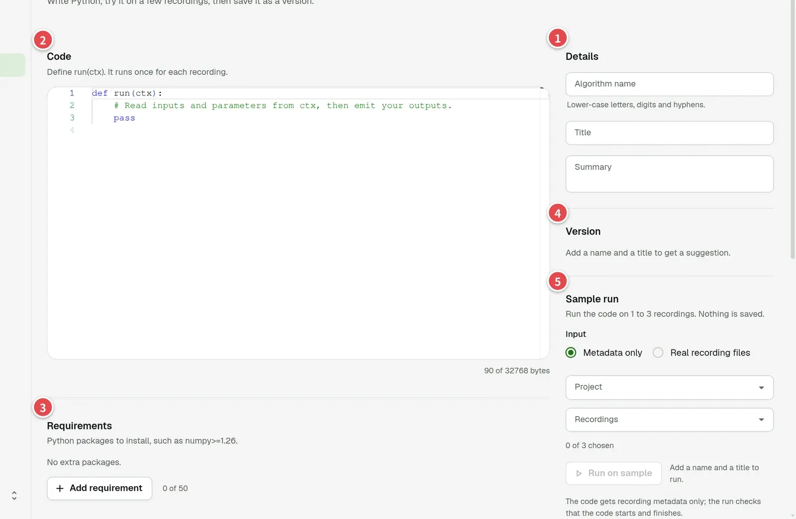 Algorithm editor with numbered areas: Details (1), Code (2), Requirements (3), Version (4), Sample run (5)