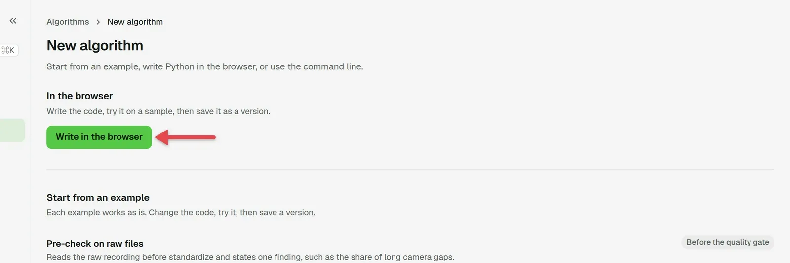 New algorithm page with an arrow on Write in the browser
