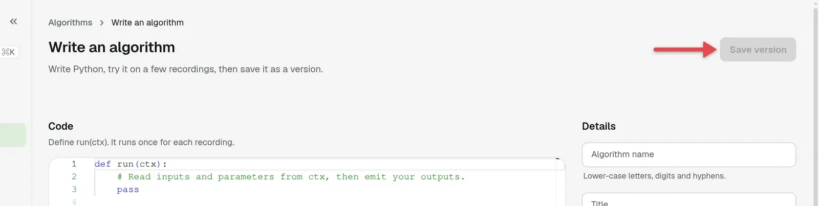 Editor top bar with an arrow on Save version